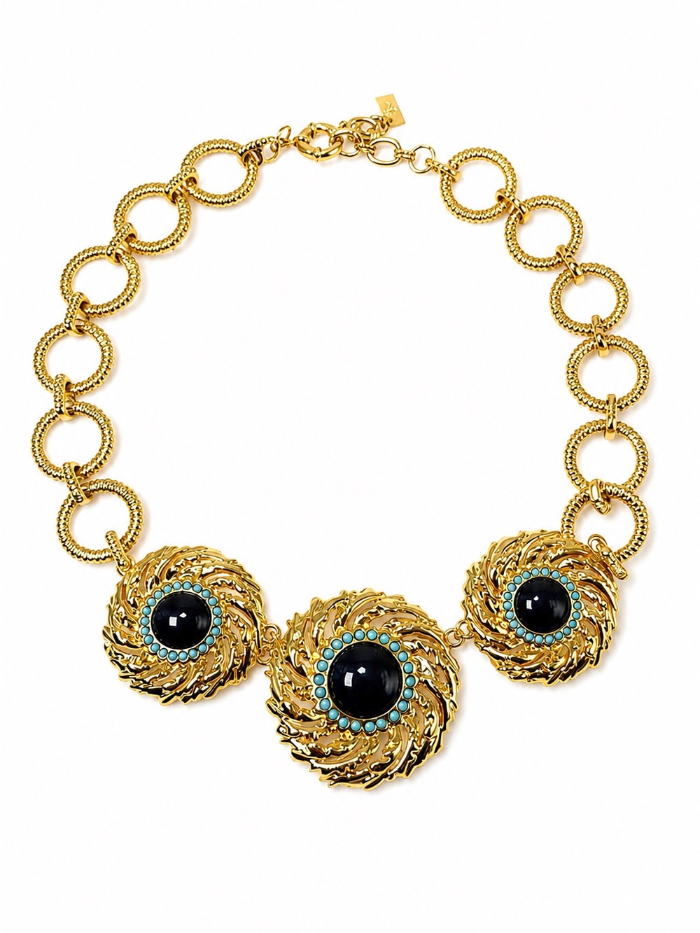 Lilly Pulitzer Gold Tone Statement Necklace Navy Blue Cabochon & Turquoise Bead